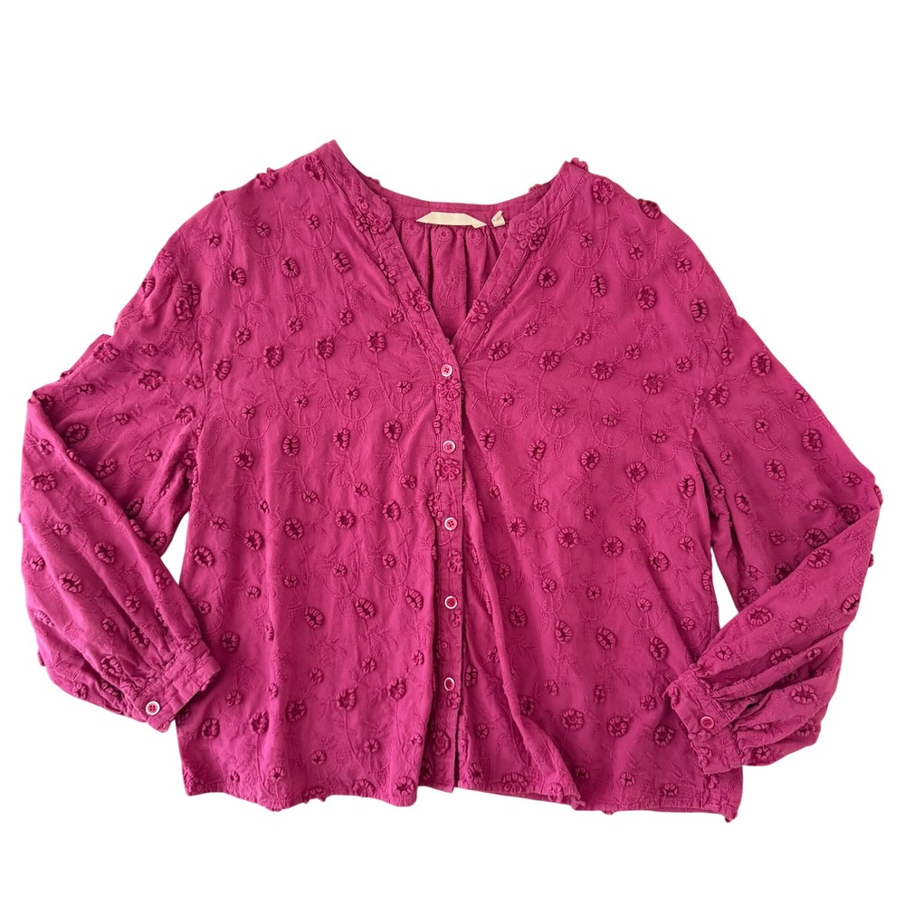 Soft Surroundings Embroidered Cotton Blouse Women XL Magenta Boho Cottagecore